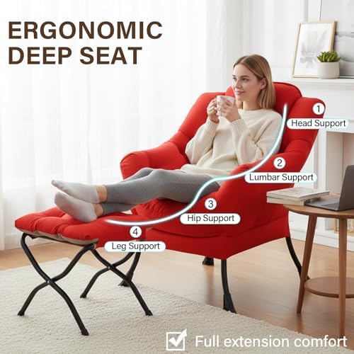 Welnow Lazy Chair with Ottoman, Reading Chair with Footrest,Red - Image 5