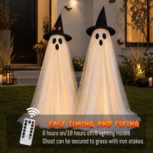 2Packs Halloween Decorations Outdoor,Halloweens Party Decoration Indoor,59in Spooky Ghost with Remote Control String Lights,Halloween-Ghost Lights for Porches Yards Gardens Lawn - Image 4