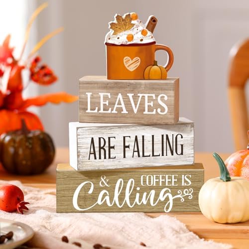 Lineshading 4 Pcs Fall Coffee Table Decor Wooden Pumpkin Latte Block Signs - Image 2