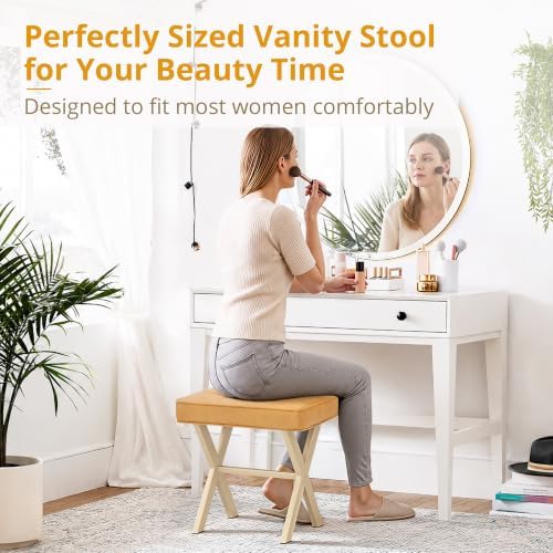LUE BONA Vanity Stool, Square Linen Makeup Stool with Metal X Legs, Small Ottoman Stool Chair for Vanity, Modern Padded Vanity Seat Foot Rest Stool for Makeup Room, Bathroom, Honey Brown Color - Image 4