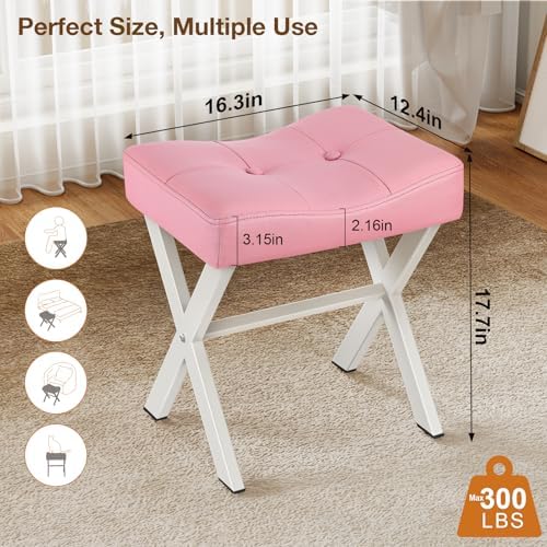 Memobarco 18-Inch Leather Vanity Stool Chair, Pink Saddle Vanity Stool - Image 2