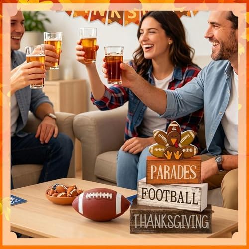 Lineshading 4 Pcs Fall Football Decor, Thanksgiving Turkey Wood Block Sign - Image 4