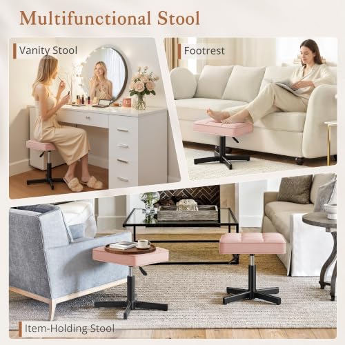 LUE BONA Adjustable Vanity Stool, 15''-19.5'' Foot Rest Under Desk, 360° Swivel Vanity Chair for Makeup Room, Pink Upholstered Faux Leather Ottoman for Bathroom & Living Room, 300lbs - Image 6