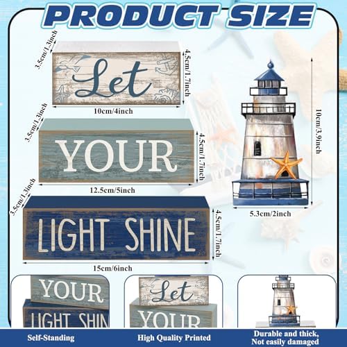 Lineshading 4 Pcs Lighthouse Coastal Decor Wooden Block Signs Rustic - Image 3