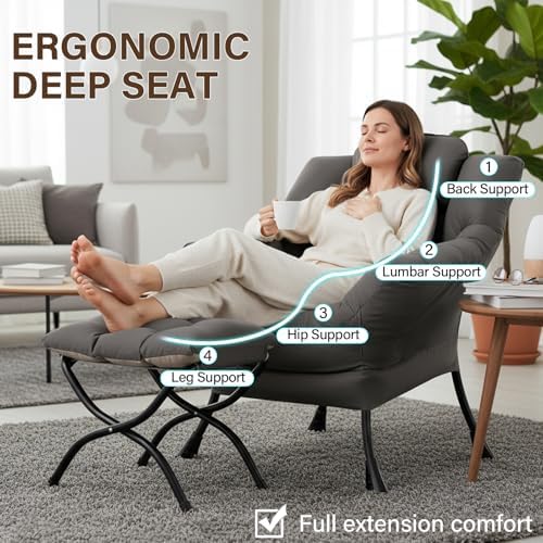 Welnow Lazy Chair with Ottoman, Reading Chair with Footrest,Dark Grey - Image 5