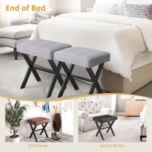 LUE BONA Vanity Stool - Square Linen Makeup Seat With Metal X Legs, Small Ottoman Chair for Makeup Room, Living Room, Bathroom - Modern Padded Foot Rest, Dark Gray - Image 6