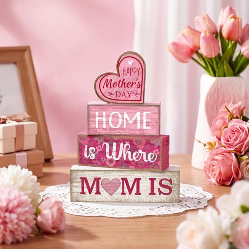 Lineshading 4 Pcs Wooden Block Signs Mothers Day Farmhouse Tabletop Decor - Image 2