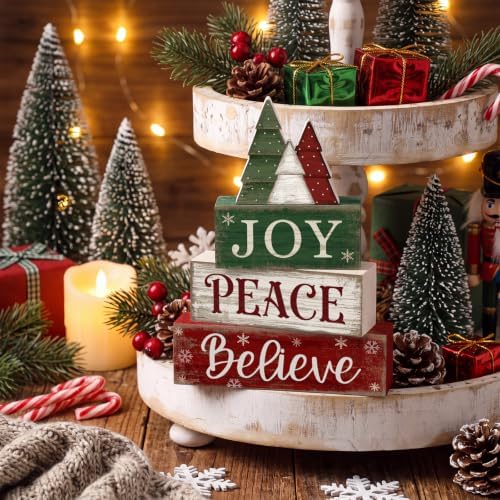 Lineshading 4 Pcs Christmas Table Decor, Wooden Tree Block Sign Home Tray - Image 4