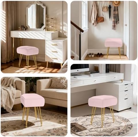 Marching Pin Vanity Stool Chair with Storage, Ottoman Faux Fur Soft Padded Makeup Footstools Seat with 4 Metal Legs Anti-Slip Adjustable Feet Modern Cute Small Footrest for Home Entryway Bedroom - Image 4