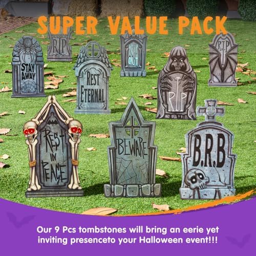 JOYIN 16" 9 Pcs Halloween Tombstones Decorations Outdoor Graveyard Decor, Yard Lawn Cemetery Plastic Headstones with 18 Metal Stakes For Halloween Indoor Prop Decorations, Party Decor Supplies - Image 6