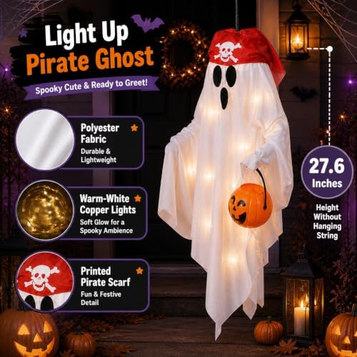JPXH 2 Pack Hanging Pirate Ghost Decorations with Lights for Halloween - Image 5