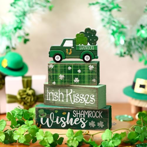 Lineshading 4 Pcs Wooden Shamrock Tiered Tray Decor St Patrick Block Signs - Image 2