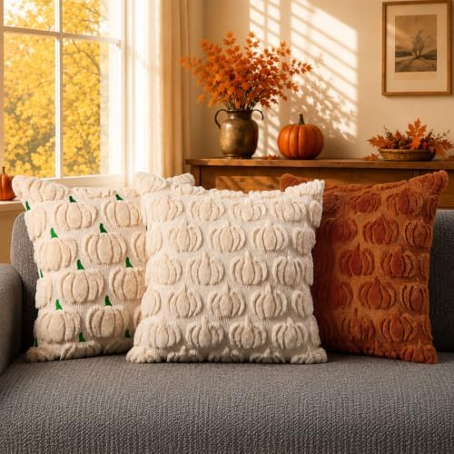 DFXSZ Fall Pillow Covers 16x16 2Pcs Beige Pumpkin Fall Decorations for Home - Image 3