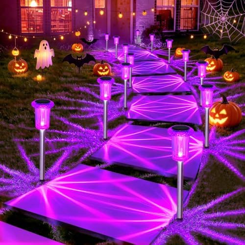 DenicMic Solar Halloween Lights Outdoor 15 Pack Purple LED Halloween Decor by Denicmic