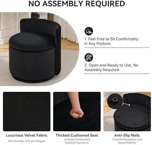WUTUTUEE Large Velvet Vanity Chair with Storage, 360° Swivel Makeup Chair with Wave Back, No Assembly Small Accent Stool for Bedroom, Dressing, Living Room, Black - Image 4