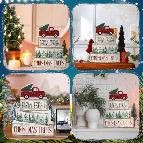Lineshading 4 Pcs Christmas Table Decor, Red Truck Tree Wood Block Sign - Image 5