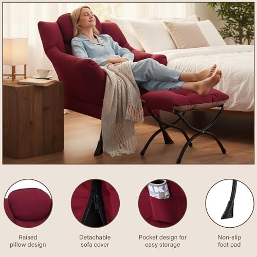 Welnow Lazy Chair with Ottoman, Reading Chair with Footrest,Burgundy - Image 4