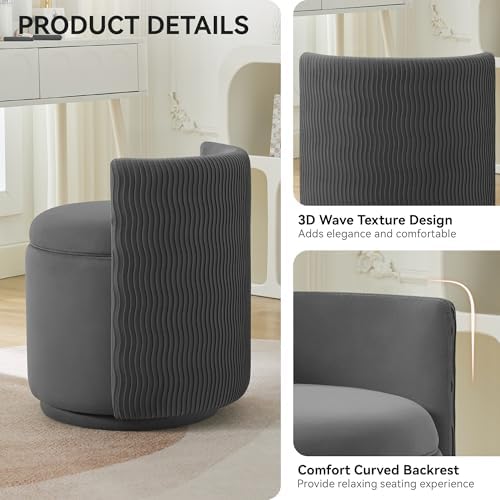 WUTUTUEE Velvet Vanity Chair with Storage, 360° Swivel Makeup Chair with Wave Back, No Assembly Small Accent Stool for Bedroom, Dressing, Living Room, Grey - Image 3