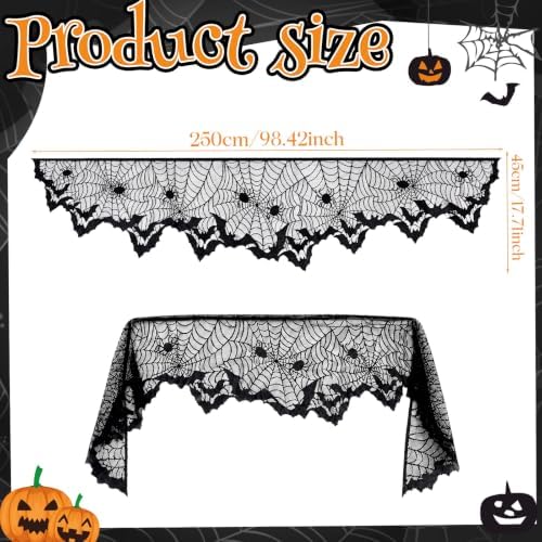 Black Lace Cobweb Halloween Fireplace Mantel Scarf Cover Decor, 18x96 in - Image 2