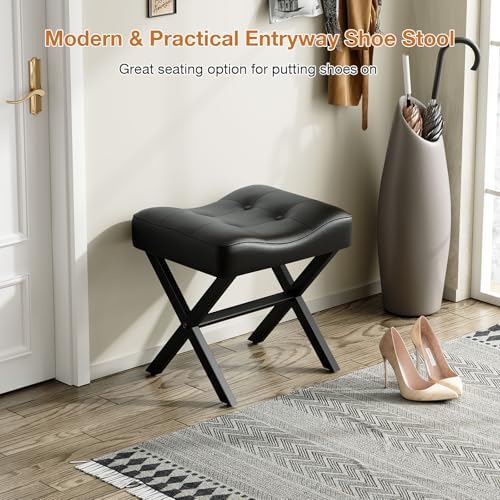 Memobarco 18-Inch Large Leather Vanity Stool Chair, Black Makeup Stool - Image 6