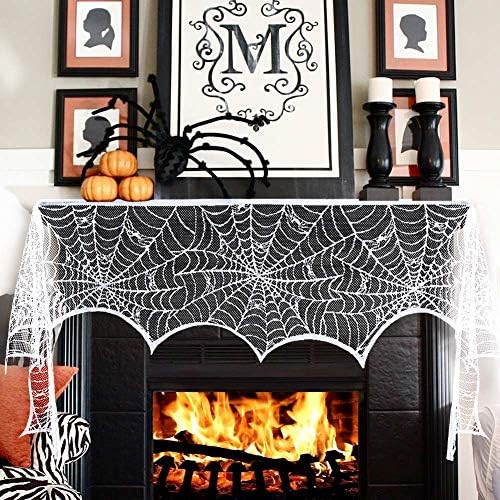 AerWo Halloween Fireplace Mantel Scarf, Halloween Decorations White Lace Spiderweb Fireplace Cover Festive Party Supplies,18 x 98 inch - Image 6