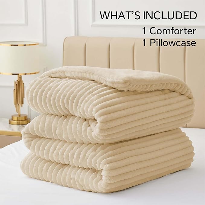 BEDELITE Fleece Twin Comforter Set -Super Soft & Warm Fluffy Beige Bedding, Luxury Fuzzy Heavy Bed Set for Winter with 1 Pillow case