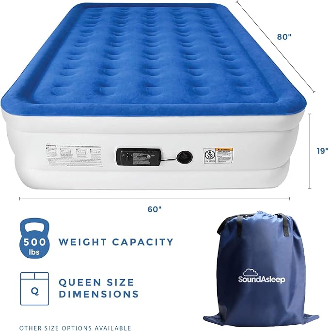 SoundAsleep Products Dream Series Luxury Air Mattress, ComfortCoil Technology, Built-in High Capacity Pump for Home, Camping- Double Height, Adjustable, Inflatable Blow Up, Portable (Queen Size)