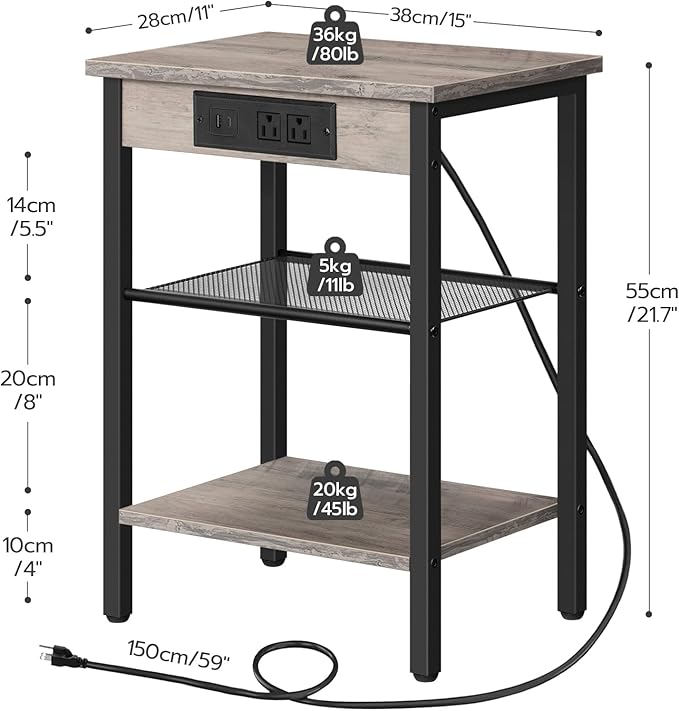 HOOBRO End Tables Set of 2 with Charging Station and USB Port, 3-Tier Nightstands with Adjustable Shelves, Small Side Tables for Small Space in Living Room, Bedroom and Balcony, Greige BG112BZP201