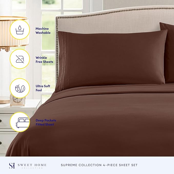 King Size Sheets - Breathable Luxury Bed Sheets with Full Elastic & Secure Corner Straps Built In - 1800 Supreme Collection Extra Soft Deep Pocket Bedding Set, Sheet Set, King, Brown