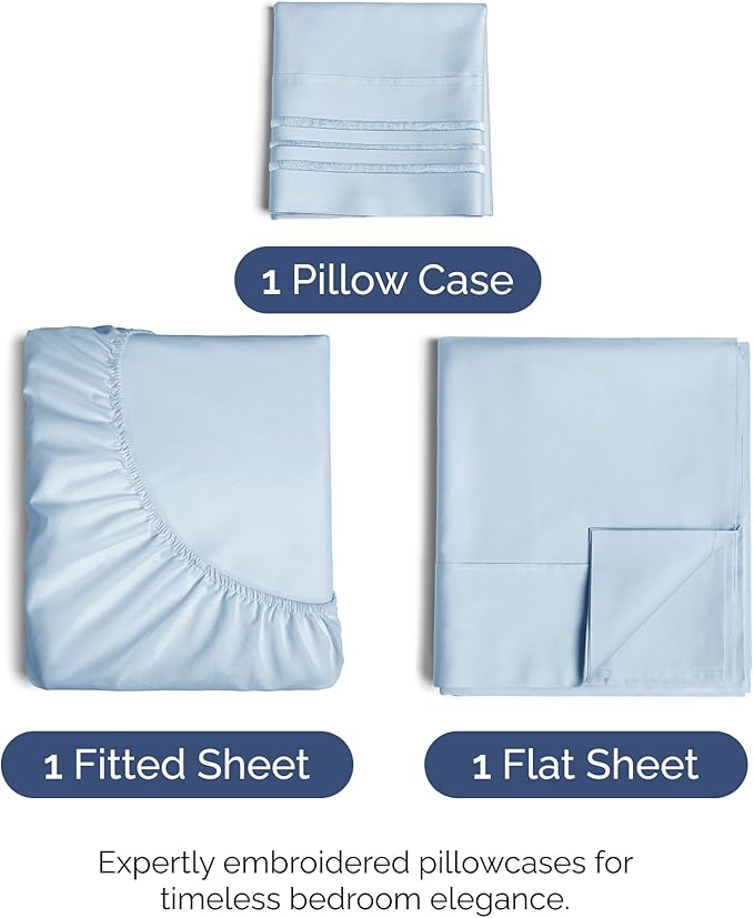 Twin Size 3 Piece Sheet Set - Comfy Breathable & Cooling Bed Sheets Set - Hotel Luxury Bedding for Women, Men, Kids, Teens, Boys & Girls - Deep Pockets, Ultra-Soft, Wrinkle Free - Oeko-Tex - Sky Blue
