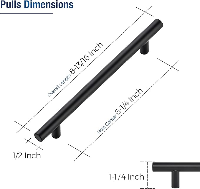 JOY DECOR 45 Pack Cabinet Handles, Black Cabinet Pulls, 6-1/4 in Hole Center Kitchen Hardware, Stainless Steel T Bar Handles for Dresser Drawers