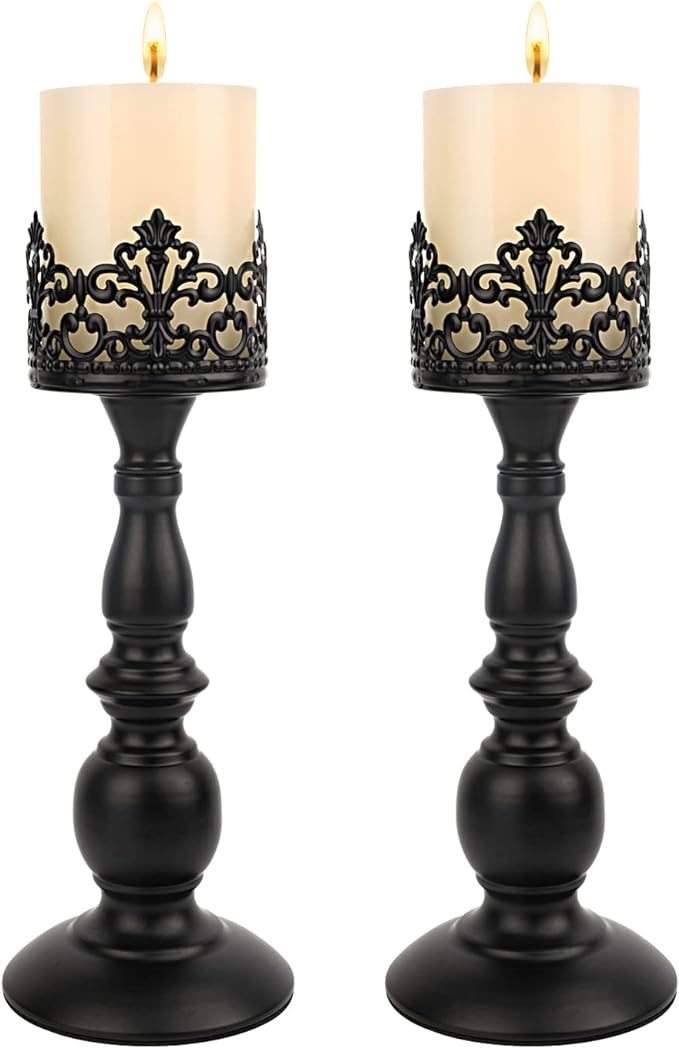 Candle Holders for Pillar Candles Gothic Matte Black Vintage Tall Candle Holders Set of 2 Decorative Large Table Centerpieces Candle Stand Decor (Black 2PCS A)