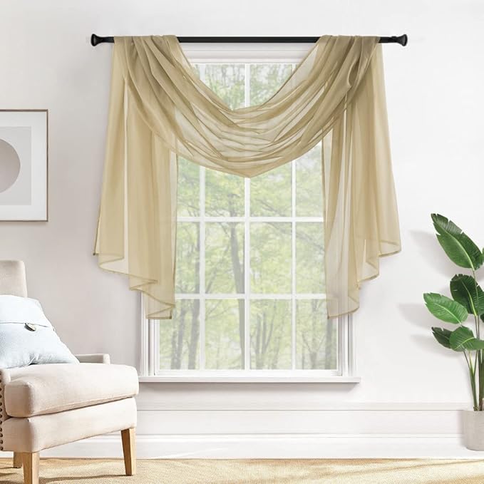 MIULEE Window Scarf for Party Voile Curtain Scarf Sheer Window Valance Draping Fabric for Wedding Arch Ceremony Canopy Bed, Swag Curtain Window Treatment One Panel, 54 x 144 Inches Long, Beige
