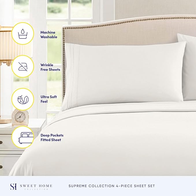 Split King Sheets - Breathable Luxury Sheets with Full Elastic & Secure Corner Straps Built In - 1800 Supreme Collection Extra Soft Deep Pocket Bedding Set, Sheet Set, Split King Size, Ivory