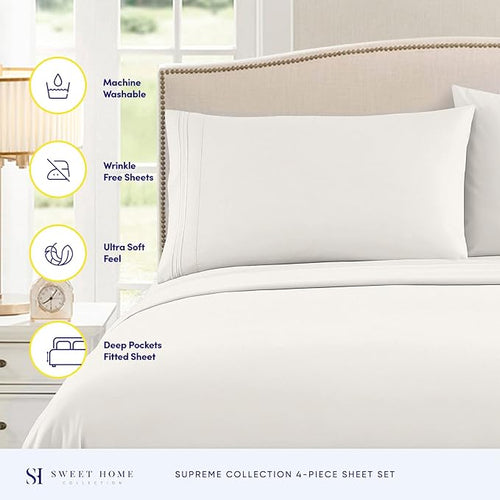 1800 Thread Count Sheet Set – Soft Egyptian Quality Brushed Microfiber Sheets – Luxury Bedding Set with Flat Sheet, Fitted Sheet, Pillow Cases, King, Ivory, Sheet Set