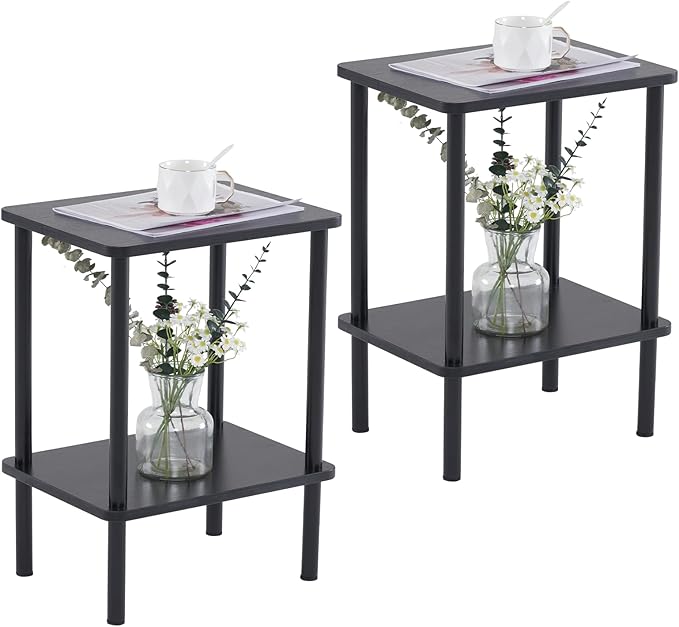 Apicizon 2 Tier End Table Set of 2, Small Side Table with Solid Wood Legs, Boho Bedside Table with Storage Shelf, Nightstand for Small Spaces, Bedroom, Living Room, Entryway, Easy Assembly, Black