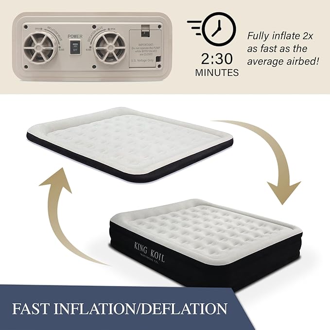 King Koil Premium California King Air Mattress with Built-in High-Speed Patented Pump for Home, Camping & Guests- 16in Inflatable Double High Airbed Blow Up Bed, Waterproof, 1 Year Warranty