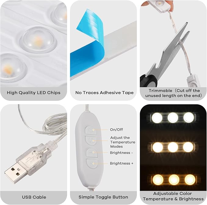 Consciot LED Vanity Lights for Mirror, Hollywood Style Strip, Adjustable Color & Brightness, USB Cable, Dimmable Makeup Stick on Table Dressing Room, White