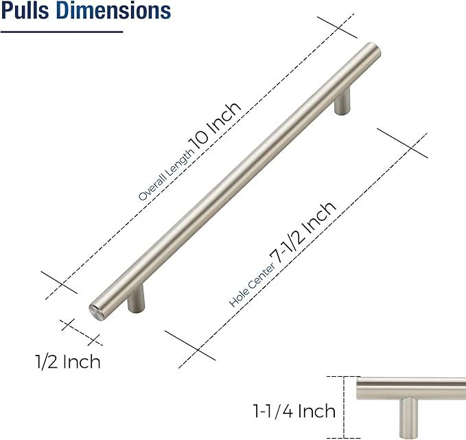 JOY DECOR 3 Pack Cabinet Handles, Brushed Nickel Cabinet Pulls, 7-1/2 in Hole Center Kitchen Cabinet Handles, Stainless Steel T Bar Handles for Dresser Drawers