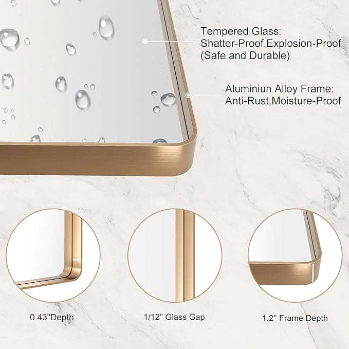 LOAAO 50”X30” Gold Bathroom Mirror, Rounded Rectangle Gold Frame Mirror, Brushed Gold Bathroom Vanity Mirror Wall-Mounted, Anti-Rust, Tempered Glass, Hangs Horizontally or Vertically