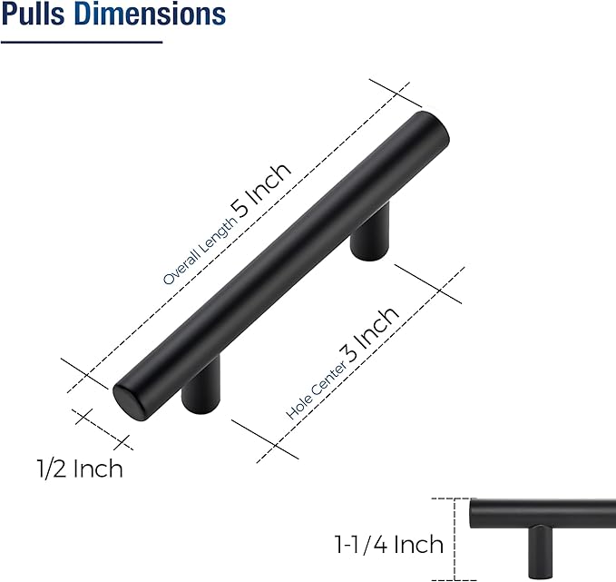 JOY DECOR 15 Pack Cabinet Handles, Black Cabinet Pulls, 3 in Hole Center Kitchen Hardware, Stainless Steel T Bar Handles for Dresser Drawers