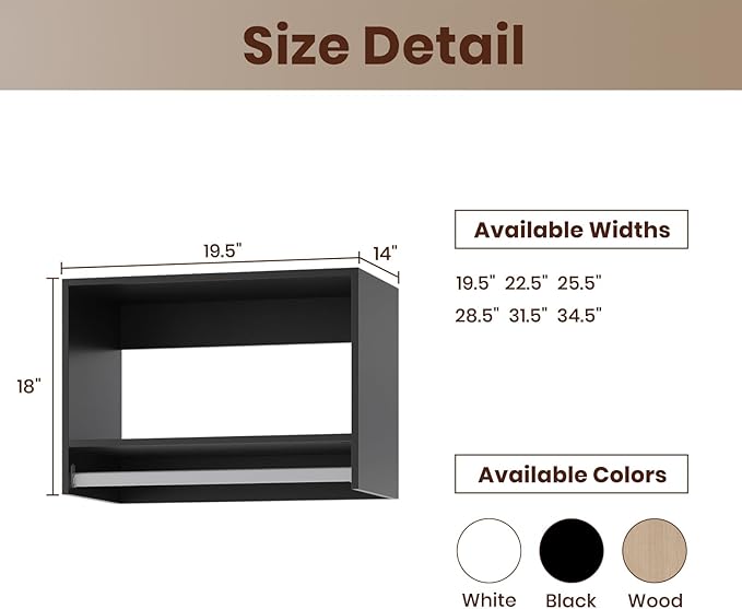 ROOMTEC 19.5" Tall Hanging Closet Unit, Modular Closet System with Hanging Rod, Wardrobe Organizer for Bedroom or Walk-in Closet, Wall Mounted, Customizable Clothes Storage Unit, Black