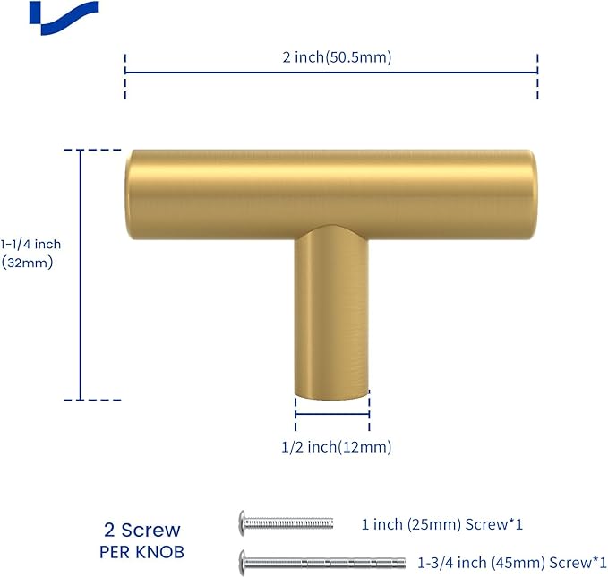 LONTAN 10 Pack Gold Cabinet Knobs Gold Drawer Knobs Brushed Brass Kitchen Cabinet Hardware for Bathroom Cupboard 2in Overall Length,Stainless Steel