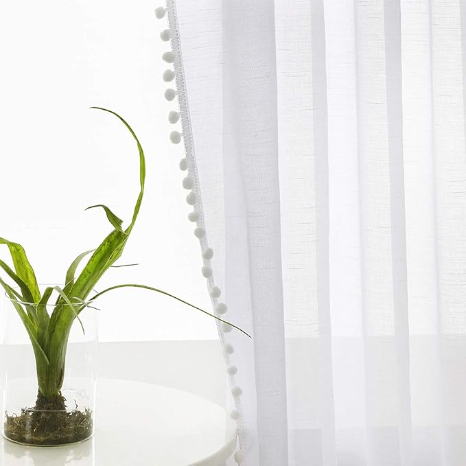 Treatmentex Pompom Sheer White Curtains for Living Room 84" Long Linen Textured Window Curtain Draperies for Bedroom 52" W, 1 Pair
