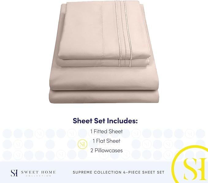 Queen Size Bed Sheets - Breathable Luxury Sheets with Full Elastic & Secure Corner Straps Built In - 1800 Supreme Collection Soft Deep Pocket Bedding, Sheet Set, EXTRA DEEP pocket - Queen, Beige