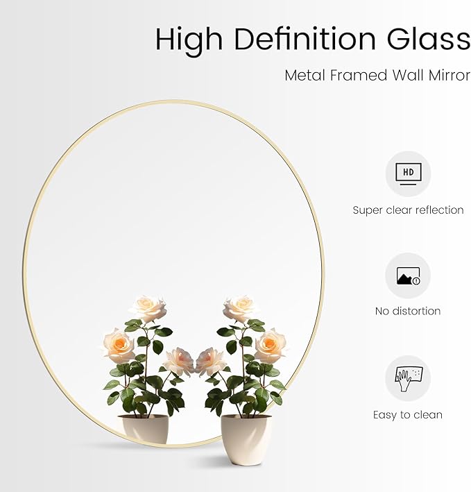 WallBeyond 32 inch Round Mirror Gold Large Circle Wall Mirror for Bathroom with Metal Framed, Round Wall Mirror for Wall Decor, Vanity, Entryway Living Room