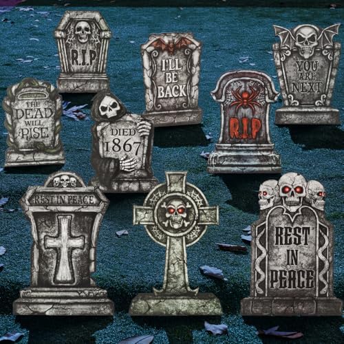 JOYIN 16" 9 Pcs Halloween Tombstones Decorations Outdoor, Graveyard Yard Lawn Plastic Headstones with 18 Metal Stakes for Halloween Cemetery, Indoor Decorations, Prop, Party Decor Supplies - Image 7
