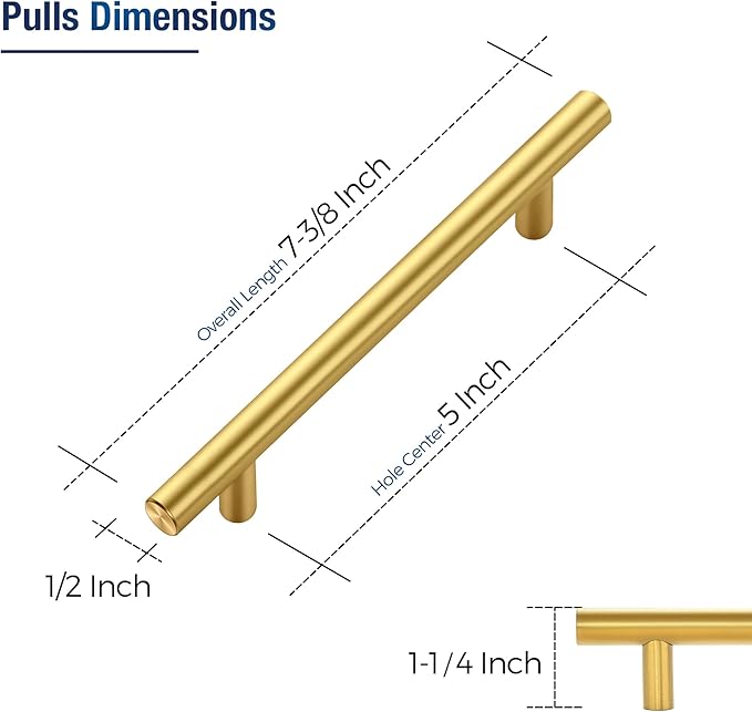 JOY DECOR 10 Pack Cabinet Handles, Gold Cabinet Pulls, 5 in Hole Center Kitchen Cabinet Handles, Stainless Steel T Bar Handles for Dresser Drawers