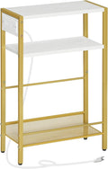 HOOBRO Small Narrow Side Table with Charging Station, Skinny End Table for Small Spaces, Slim Nightstand with USB Ports Outlet, Sofa Beside Table with Storage Shelf, White and Gold DW102UBZ01