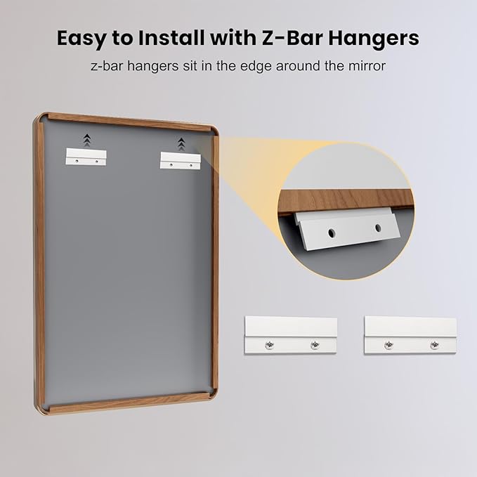 LOAAO 20X30 Inch Bathroom Mirror with Wood Grain Colored Metal Frame, Rounded Rectangle Metal Framed Bathroom Mirror, Anti-Rust, Hangs Horizontally or Vertically